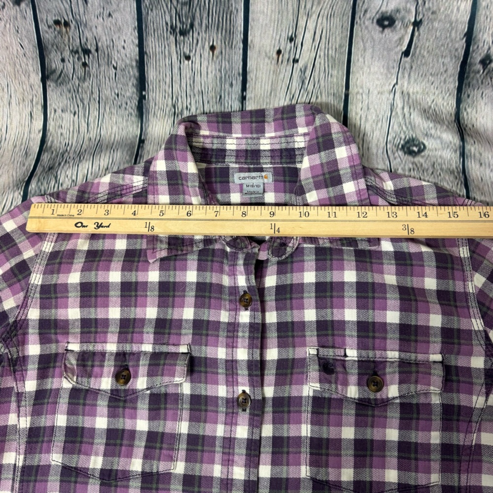 Women’s Carhartt Flannel Purple Grey Button Down Size Medium Workwear Outdoorsy - Picture 9 of 11